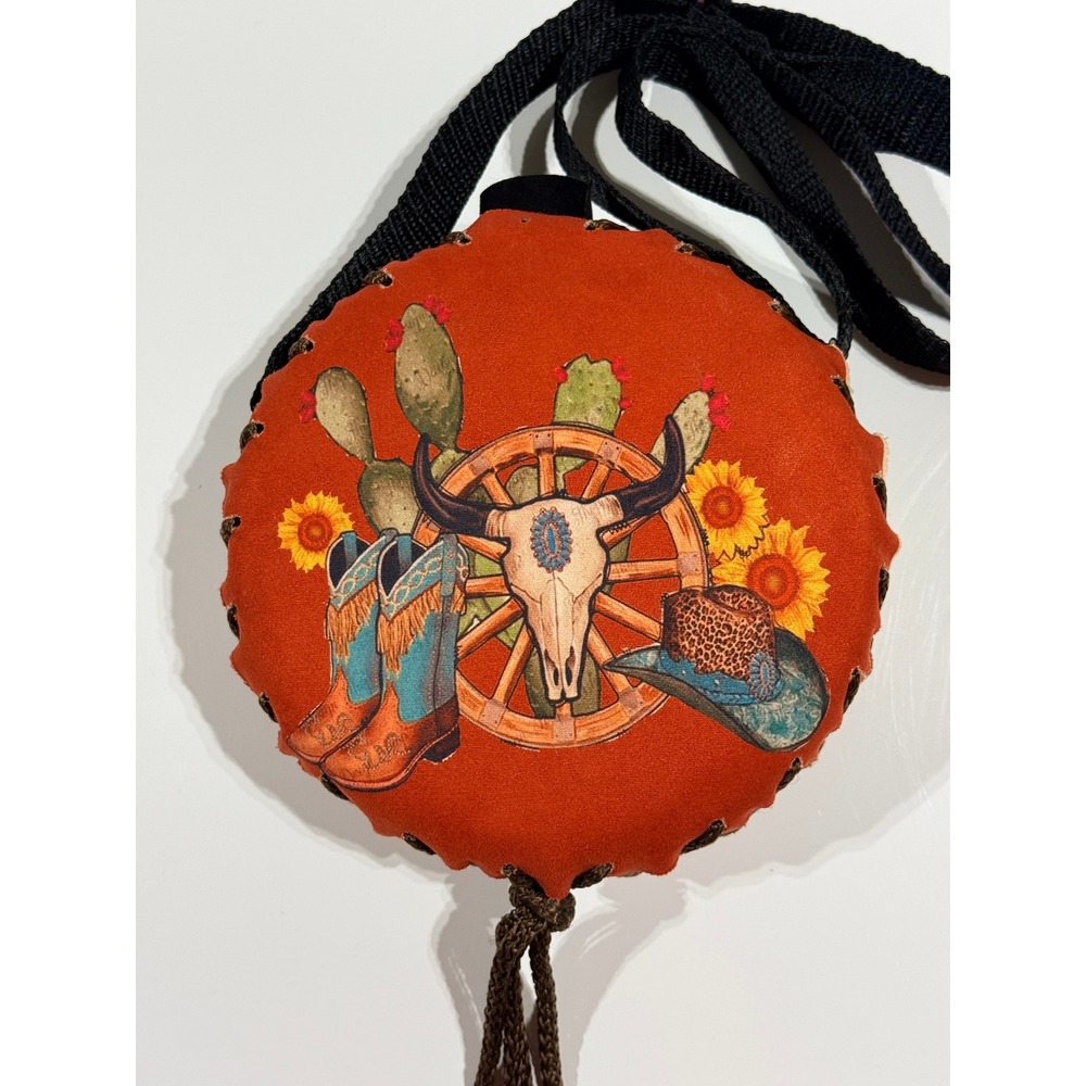 Cow Skull Cowboy Western Canteen Flask - Shoulder Strap Made in Mexico 6.5" -NEW